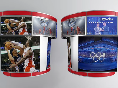 Curved TV Wall With Multiple Screens Showing Sports Events Olympic Rings And News 3d model