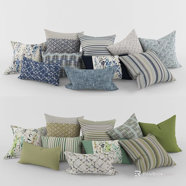 Decorative Throw Pillows With Striped Geometric And Floral Patterns In Various Colors 3d model 