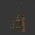 Rustic Interior Scene With Wooden Table Stool Decorative Wall Frames And Pillars