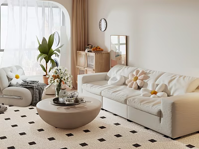 Elegant Light Luxury Living Dining Room With White Sofa Decorative Pillows And Round Coffee Table 3d model