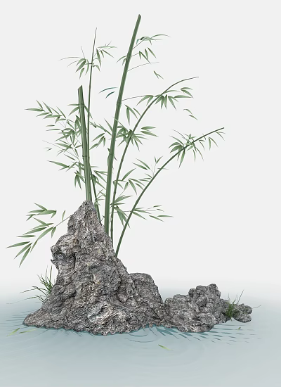 Bamboo Plants Growing Alongside Rockery in a Serene Garden Landscape 3d model