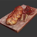 Fresh Braided Bread Served with Ham Walnuts and Cucumber Sticks on Wooden Board