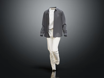 Modern Gray Long Sleeve Jacket With White Pants Minimalist Everyday Casual Clothing Design 3d model