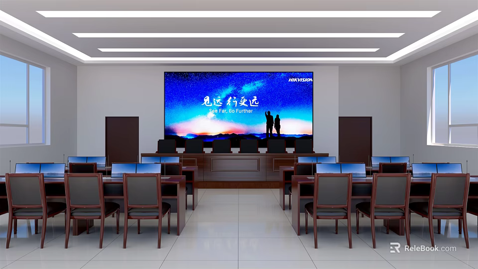 Modern Conference Room Interior With Large Screen Tables And Chairs Setup 3d model 