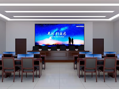 Modern Conference Room Interior With Large Screen Tables And Chairs Setup 3d model
