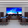 Modern Conference Room Interior With Large Screen Tables And Chairs Setup