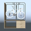 Wooden Display Cabinet Shelf With Black Metal Frame Holding White Bicycle And Drawers