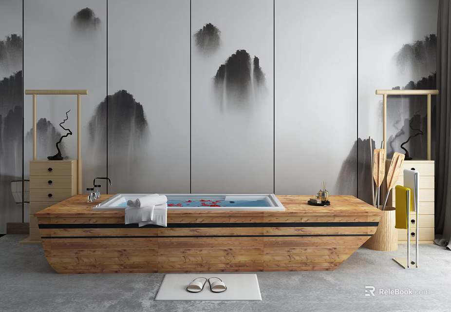 Wooden Bathtub Interior With Ink Wash Mountain Wall Wooden Cabinet Towels And Slippers 3d model 