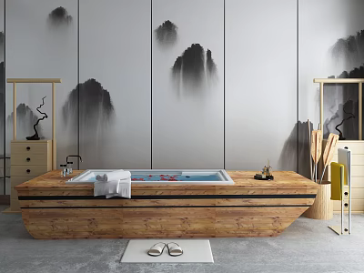 Wooden Bathtub Interior With Ink Wash Mountain Wall Wooden Cabinet Towels And Slippers 3d model