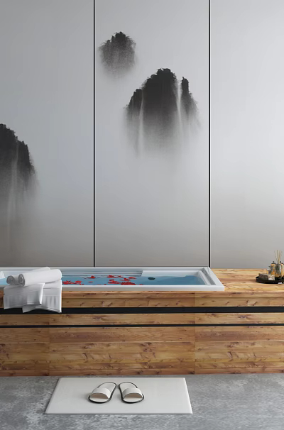 Wooden Bathtub Interior With Ink Wash Mountain Wall Wooden Cabinet Towels And Slippers 3d model