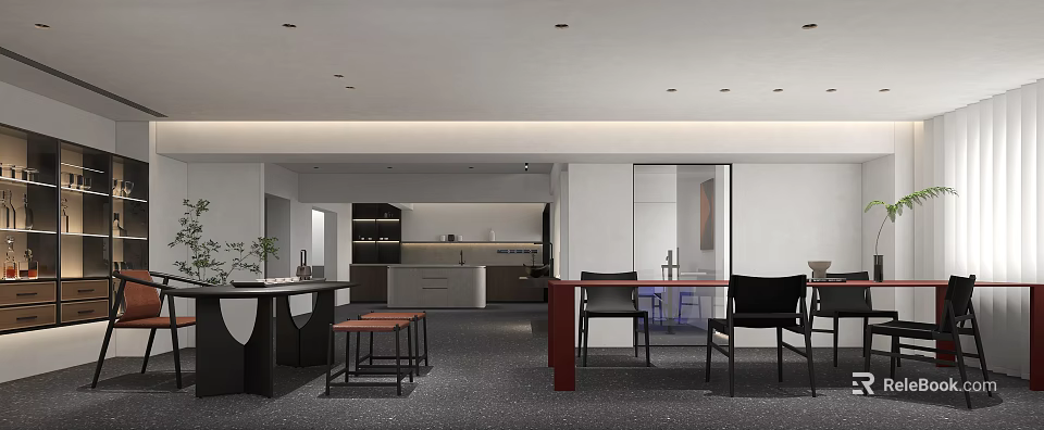 Modern Open Kitchen Interior Design With Island Counter Dining Table And Chairs 3d model