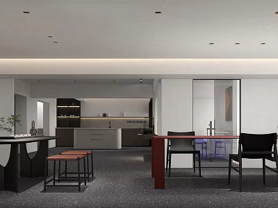 Modern Open Kitchen Interior Design With Island Counter Dining Table And Chairs 3d model