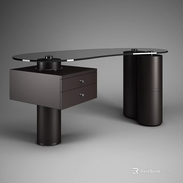 Modern Minimalist Office Desk With Black Glass Top Black Drawer Cabinet And Cylindrical Legs 3d model 