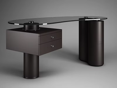 Modern Minimalist Office Desk With Black Glass Top Black Drawer Cabinet And Cylindrical Legs 3d model