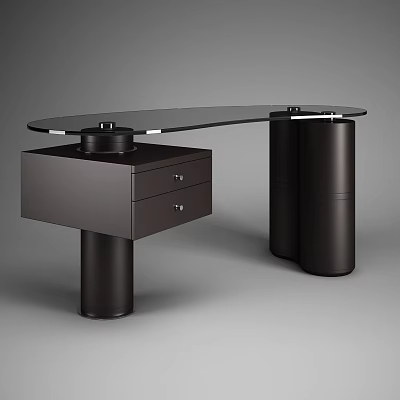 Modern Minimalist Office Desk With Black Glass Top Black Drawer Cabinet And Cylindrical Legs 3d model