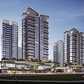 Modern High Rise Residential Buildings With Greenery Pedestrian Area And Road Surroundings