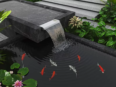 Japanese Garden Landscape With Stone Waterfall Koi Pond And Lotus Plants 3d model