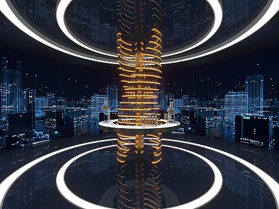 Futuristic City Tech Scene Featuring Spiral Golden Structure Circular Rings And Reflective Floor 3d model