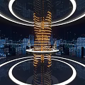 Futuristic City Tech Scene Featuring Spiral Golden Structure Circular Rings And Reflective Floor