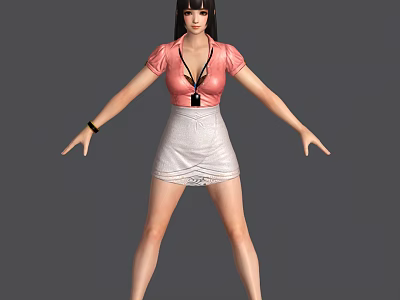 Woman In Pink Top And White Skirt Standing With Arms Outstretched On Gray Background 3d model