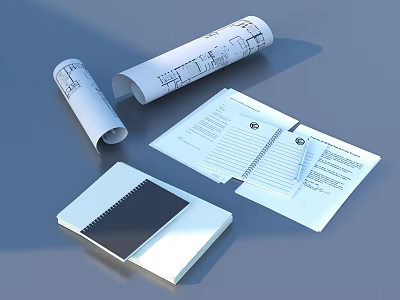 Daily Use Stationery With Open Closed Notebooks And Rolled Design Papers 3d model