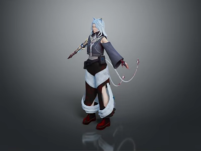 Anime Character With White Hair Gray Outfit Red Shoes And Rope Accessory Design 3d model