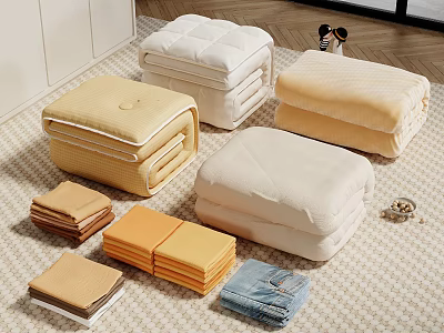 Folded Clothes in Various Colors and Different Textures Neatly Stacked with Small Accessories 3d model