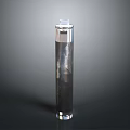 Cylindrical Transparent Bottle With Silver Cap And Dark Liquid Content On Gray Background