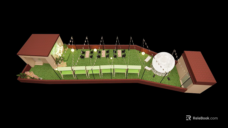 Commercial Street Rooftop Terrace With Green Lawn Seats Umbrellas And Lighting 3d model 