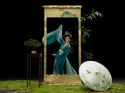 Art Installation With Scroll Painting Woman In Blue Traditional Dress Bamboo And Green Umbrella 3d model
