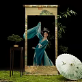 Art Installation With Scroll Painting Woman In Blue Traditional Dress Bamboo And Green Umbrella