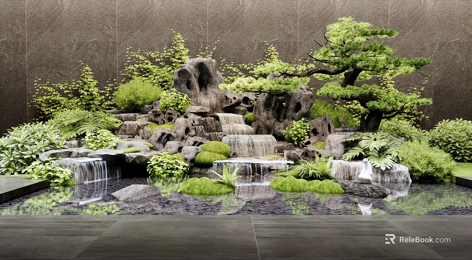 Natural Indoor Landscape Interior With Rockery Waterfall Green Plants And Mossy Stones 3d model 