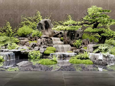 Natural Indoor Landscape Interior With Rockery Waterfall Green Plants And Mossy Stones 3d model