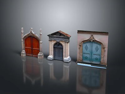 Three Different Style Entrance Doors Red Black Blue Wooden With Ornate Tops And Classical Details 3d model