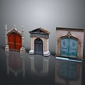 Three Different Style Entrance Doors Red Black Blue Wooden With Ornate Tops And Classical Details