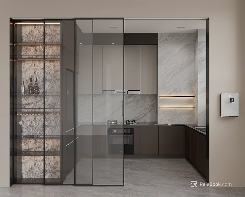 Sleek Modern Kitchen With Dark Framed Glass Sliding Partitions And Premium Marble Interior Design 3d model 
