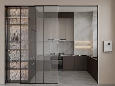 Sleek Modern Kitchen With Dark Framed Glass Sliding Partitions And Premium Marble Interior Design 3d model