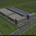 Industrial Factory Building Exterior View With Flat Roof Green Surroundings Road And Parking Area