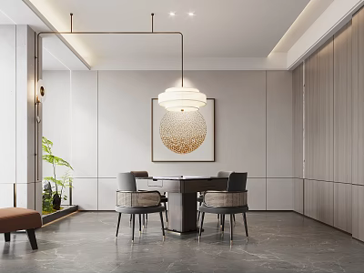 Modern Hotel Mahjong Room With Mahjong Table Comfortable Chairs And Elegant Pendant Light 3d model