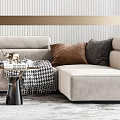 Modern Living Room Interior With Round Decorative Mirror Striped Wall Comfortable Sofa And Coffee Table