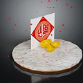 Elegant Gold Ingot Jewelry Display On Marble Platform With Red Fu Character And Falling Red Petals