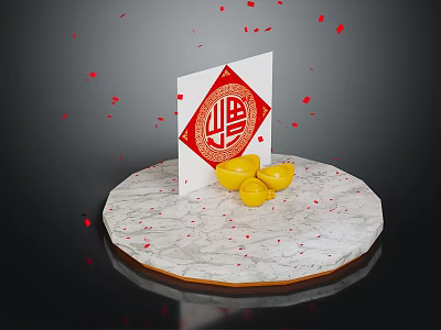 Elegant Gold Ingot Jewelry Display On Marble Platform With Red Fu Character And Falling Red Petals 3d model