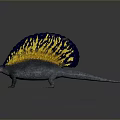 Gray Prehistoric Dinosaur With Blue And Yellow Fan Shaped Sail And Open Mouth