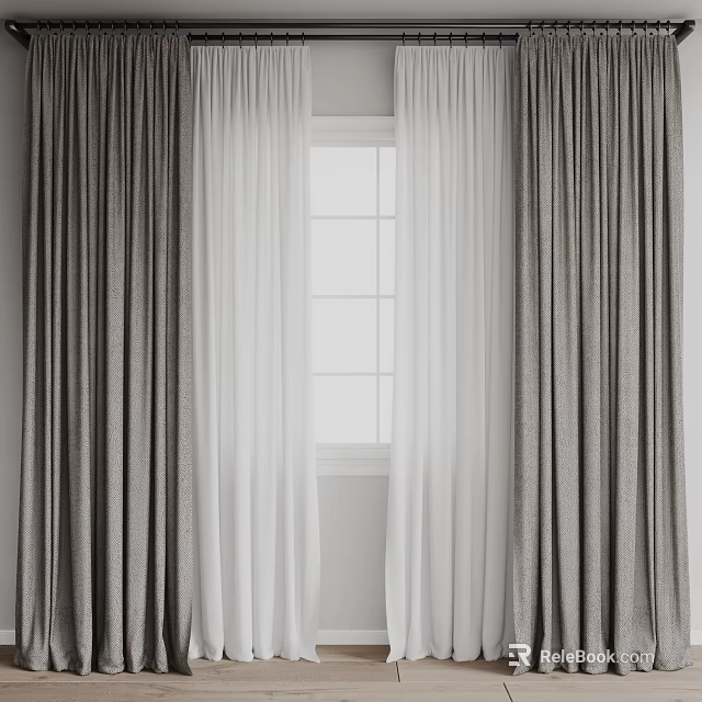 Elegant Gray Thick Curtains and White Sheer Panels Framing Gridded Window 3d model
