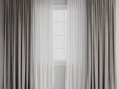 Elegant Gray Thick Curtains and White Sheer Panels Framing Gridded Window 3d model
