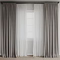 Elegant Gray Thick Curtains and White Sheer Panels Framing Gridded Window 3d model