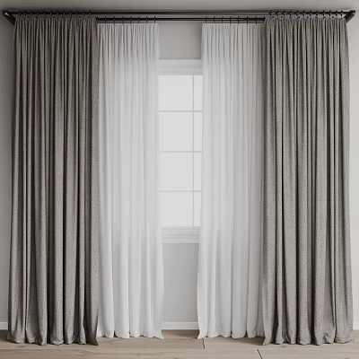 Elegant Gray Thick Curtains and White Sheer Panels Framing Gridded Window 3d model