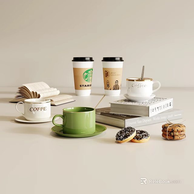 Assorted Coffee Cups With Starbucks Paper Cups Green Mug Open Book And Cookies 3d model 