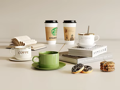Assorted Coffee Cups With Starbucks Paper Cups Green Mug Open Book And Cookies 3d model