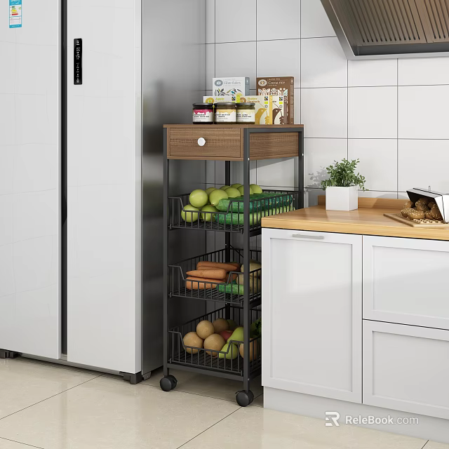 Multi Tiered Mobile Kitchen Storage Rack With Fruits Bread Plant Near Refrigerator Cabinet 3d model 